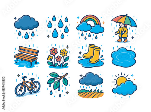 Summer Rainstorm Icons. Summer rainstorm. Colorful isometric vector icons set of Summer rainstorm: fluffy storm cloud, heavy raindrops, rainbow appearing,