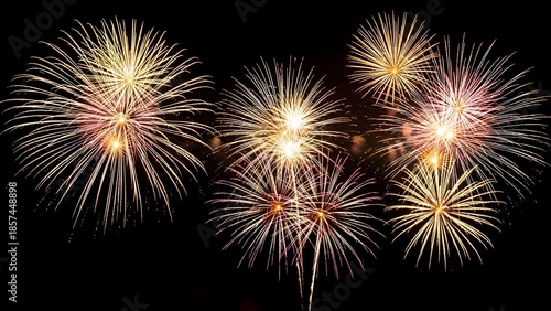 Dazzling Night Sky Illuminates with Golden and Colorful Fireworks Bursting in Celebration