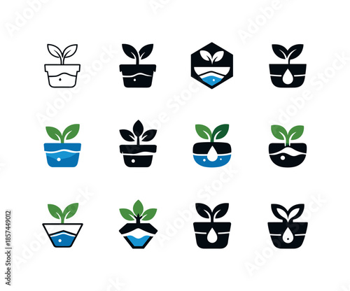 Self-Watering Plant Icons. Self-watering indoor plants. Icon set. Set Logo of Self-watering indoor plants: plant pot with water reservoir. harmonious logo