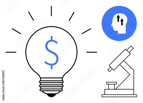 Financial innovation. Lightbulb with dollar sign ideas or profit. Brainstorming and research ed with a head icon and microscope. For finance, technology, analysis, business inspiration, education