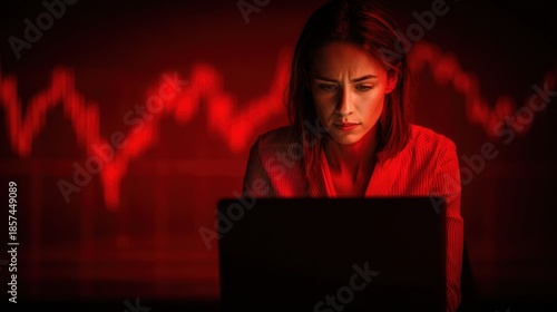 Worried Woman with Laptop: A concerned woman staring intently at a laptop screen, with red graphs looming in the background, symbolizing financial downturns and business anxiety.