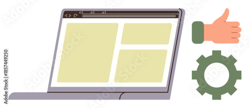 Open laptop displaying website layout, thumbs-up representing approval, and gear symbolizing functionality or customization. Ideal for web design, user experience, optimization, technology, feedback