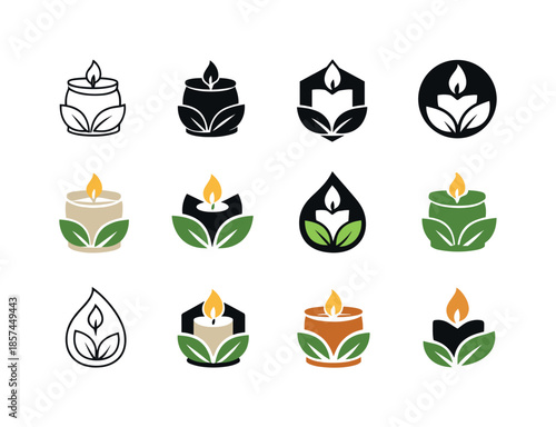Eco-Friendly Candle Logos. Candle making with eco-friendly wax. Icon set. Set Logo of candle making with eco-friendly wax: soy wax candle. harmonious logo