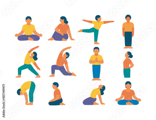 Mind-Body Balance Icons. Mind-body balance. Colorful flat vector icons set of mind-body balance: seated lotus, gentle twist, supported balance pose, standing