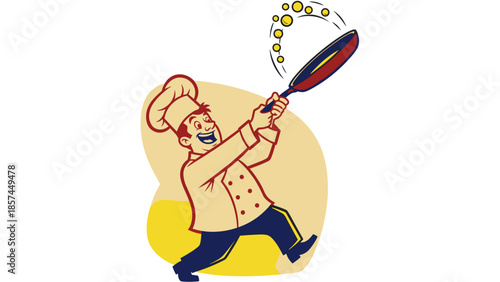 Chef Tossing Pancakes in Kitchen Uniform.