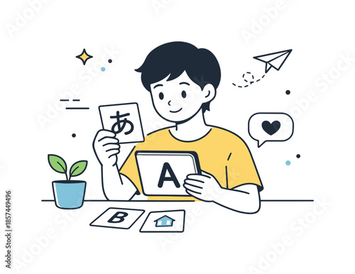 Curious Language Learning. Language Learning. A character looking at cards or a tablet with simple letters and symbols. The mood is curious, calm,