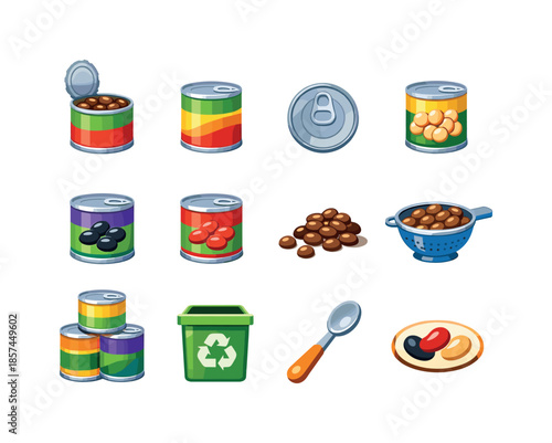 Colorful Canned Beans Icons. Canned Beans. Colorful flat vector icons set of Canned Beans: opened can of beans, sealed can, ring-pull lid, canned chickpeas,