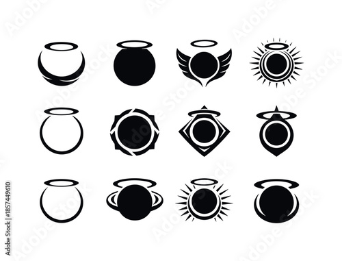 Sacred Circle Logos. sacred circle. Icon set. Set Logo of sacred circle: protective halo emblem. harmonious logo variations of the same emblematic concept,
