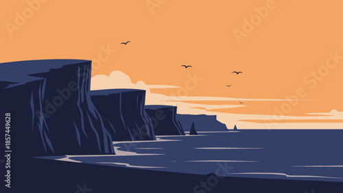 Cliffs Silhouette Against Orange Sunset Sky.