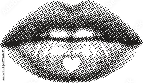 Halftone lips with heart tongue illustration, vintage pop art mouth symbol for love, romance, and graphic design