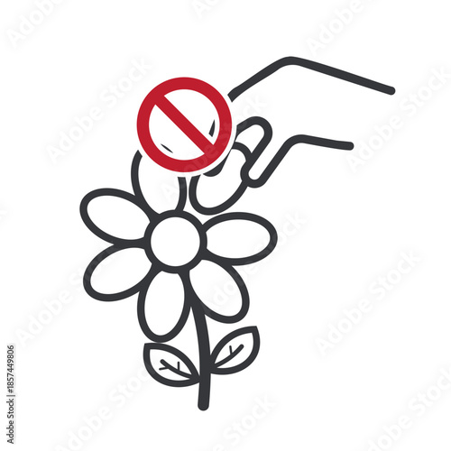 Isolated prohibition sign of hand touching flower, clear symbol for park signage prohibiting plant damage, promoting environmental safety and awareness.