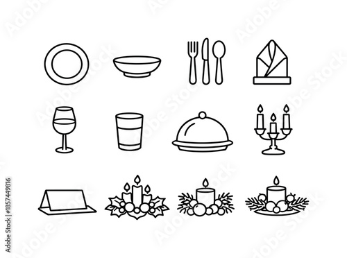 Holiday Dinner Icons. Holiday feasts. Line icon set of table setting elements: dinner plate, soup bowl, fork, knife, spoon, napkin fold, wine glass, water