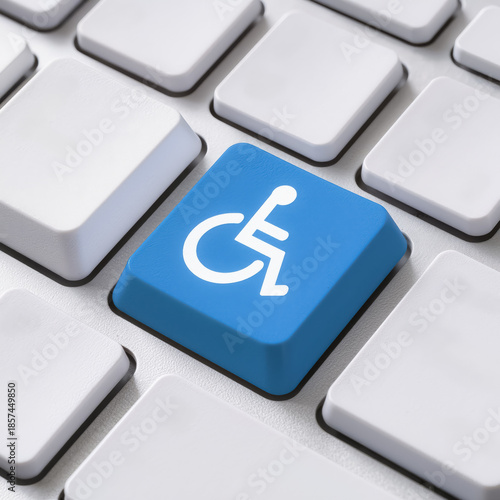 A blue keyboard key displays a white wheelchair symbol, indicating accessibility features. This key stands out amidst surrounding grey keys, promoting inclusive design in technology.