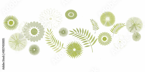 A delicate arrangement of stylized green leaves and floral designs on white