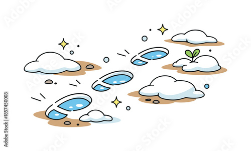 Footprints in Melting Snow. Footprints in melting snow. Calm editorial scene capturing early spring transition, footprints partially filled with water as snow