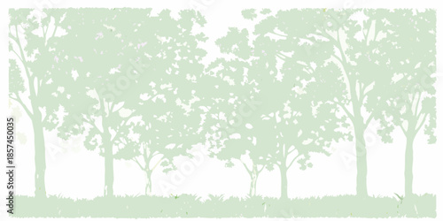 A row of stylized light green trees against a grassy background