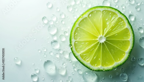 Bright green lime slice covered with fresh water drops. Juicy citrus fruit creates refreshing thirst quenching beverage for summer. Natural healthy diet ingredient.