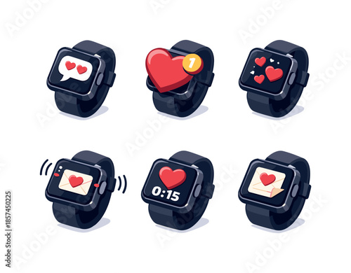 Love Message Alerts. Love message alerts. Isometric flat vector icons set of love message alerts: smartwatch showing heart-filled chat bubble, heart-shaped