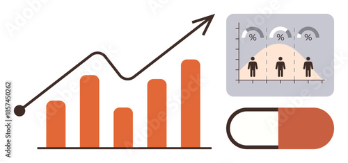 Bar chart with upward arrow, demographic analysis chart, and capsule visualizing growth, research, trends, or progress. Ideal for health data, stats, analysis economy medical innovation