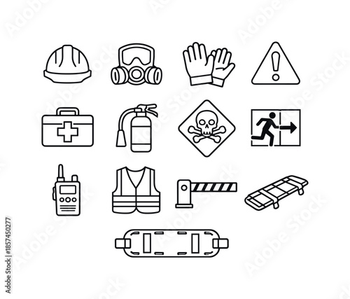 Mine Safety Icons. Mine safety protocols. Line icon set of Mine safety protocols: safety helmet, respirator mask, protective gloves, warning triangle, first