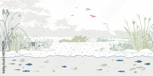 A serene wetland landscape with birds fish and lush vegetation