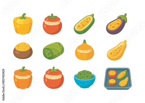 Stuffed Vegetable Icons. Stuffed vegetables. Colorful flat vector icons set of stuffed vegetables: stuffed bell pepper, stuffed tomato, stuffed zucchini boat,