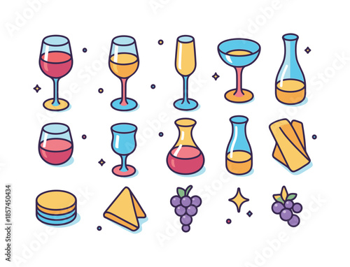 Colorful Wine Glass Icons. Elegant wine glass silhouettes. Colorful isometric vector icons set of elegant wine glass silhouettes: tall red wine glass, tulip