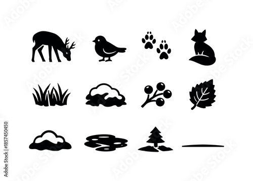 Snowy Meadow Icons. Snowy meadow animals. Solid icon set of snowy meadow animals: grazing deer, small bird, rabbit tracks, fox sitting, field grass winter,