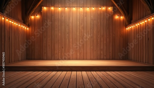 Empty wooden stage inside country concert hall with string lights. Rustic interior with natural material podium for performances or awards. Warm ambiance for music shows.