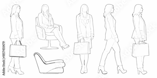 Fashionable women in various poses with office attire and shopping bags