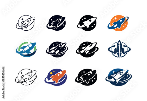 Intergalactic Logo Variations. Intergalactic travel. Icon set. Set Logo of Intergalactic travel: cosmic shuttle module. harmonious logo variations of the same