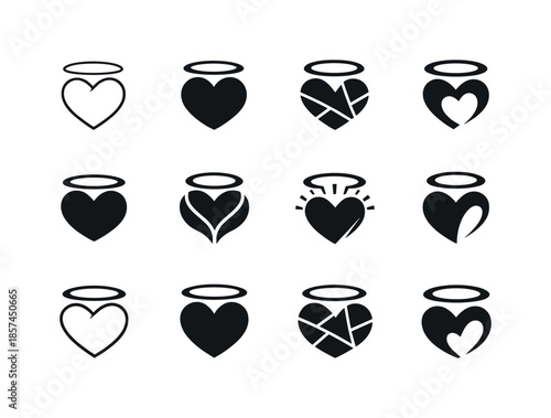 Grateful Heart Icons. grateful heart. Icon set. Set Logo of grateful heart: heart with halo arc. harmonious logo variations of the same emblematic concept,