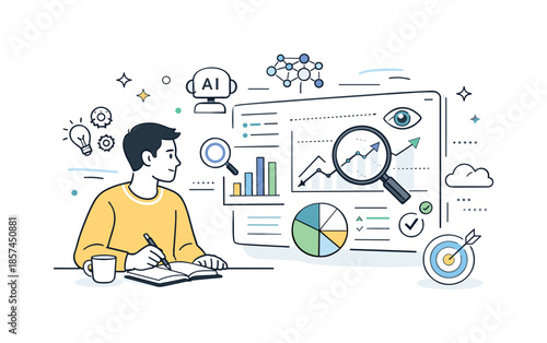 Exploring Data Patterns. AI and data insights. A character exploring patterns in data highlighted by an intelligent system, showing clarity and understanding.