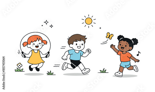 Playful Kids Outdoors. Children enjoying outdoor activities. Friendly kid characters skipping, running and playing freely, suggesting warmth, safety and