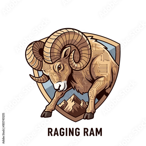 Raging ram logo featuring a cartoonish ram integrated with futuristic elements and a mountainous landscape in the background, symbolizing strength and technological innovation.