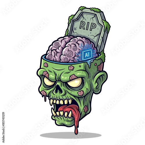 Zombie head with exposed brain and electronic AI chip inside, representing artificial intelligence and technology merging with undead creature in a cartoonish and humorous illustration style.