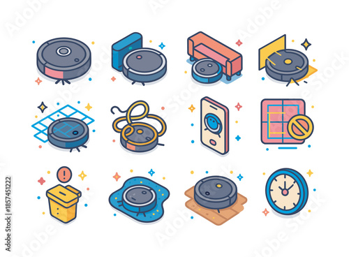 Colorful Robot Vacuum Icons. Robot vacuum cleaners. Colorful isometric vector icons set of Robot vacuum cleaners: round robot vacuum, robot dock with charging