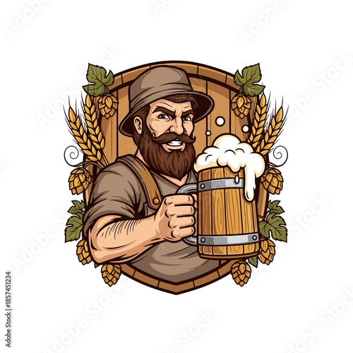 Jovial bearded brewer enthusiastically holding a foamy beer mug surrounded by hop cones and barley stalks in a wooden emblem
