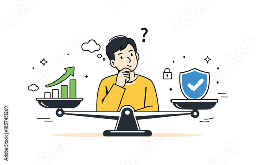 Weighing Growth and Safety. Risk and return balance. A character comparing two abstract scales with symbols of growth and safety. Thoughtful decision-making