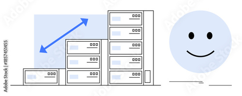 Stacked server units with an upward blue arrow signifying scalability and growth, paired with a smiling face symbolizing user satisfaction. Ideal for technology, data management, growth