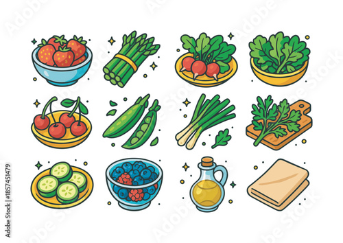 Colorful May Produce Icons. Fresh May produce on the table. Colorful isometric vector icons set of Fresh May produce on the table: strawberry bowl, bundle of