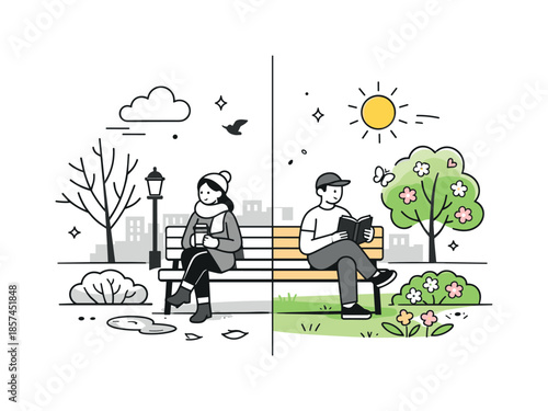 Dual Season Park. Two seasons one scene illustration. A simple city park where one side shows bare trees and clouds, while the other shows sunshine and