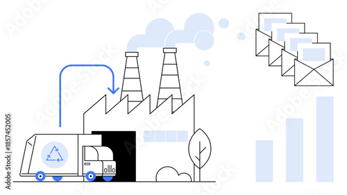 Recycling process. Factory recycling waste as a truck collects materials. Recycling supports sustainable practices and data tracking. For sustainability, environment, industry, logistics, waste