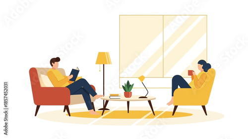 Two People Sitting in Armchairs Relaxing.