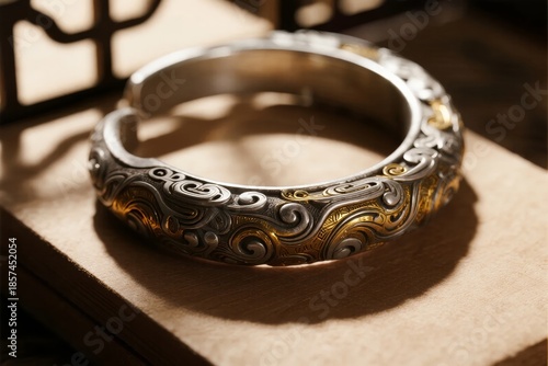 Intricately designed silver and gold bangle with swirling patterns resting on a wooden surface