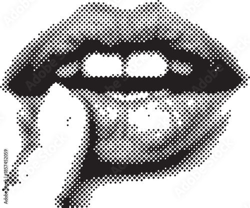 Halftone lips with finger gesture, vintage pop art mouth illustration in retro dot texture for editorial and graphic design