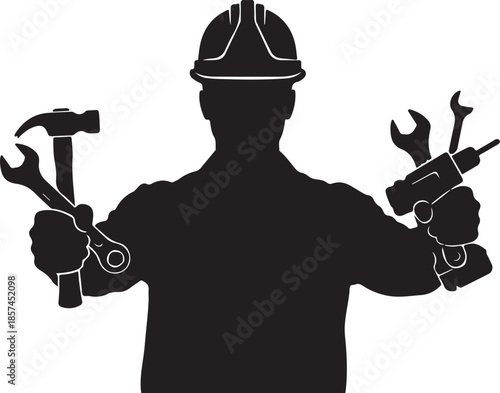 worker holding tools in hands