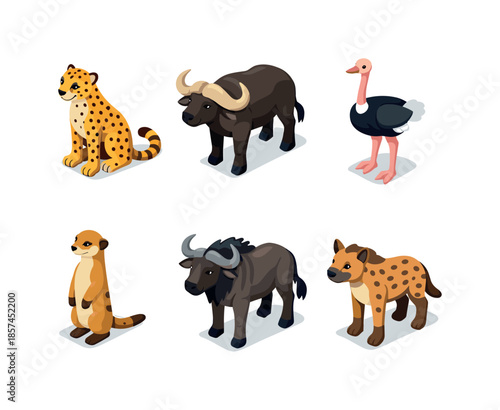 Safari Animal Icons. Safari Animals. Isometric flat vector icons set of safari animals: cheetah, African buffalo, ostrich, meerkat, wildebeest, hyena. Arrange