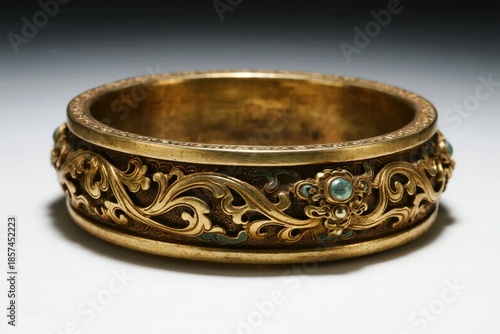 Ornate gold bangle with intricate floral engraving and turquoise inlay