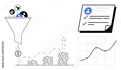 Customer funnel with coins dropping, stacked money growing upwards, profile document, and line chart. Ideal for marketing, conversion, sales strategy, data analysis, user engagement success